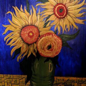 Original Art. Invoking Van Gogh. Acrylic Painting. 16 x 20 Sunflowers on Blue